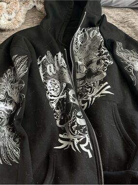 Y2K inspired Black Zip-Up Hoodie with Silver Skull & Wing Artwork